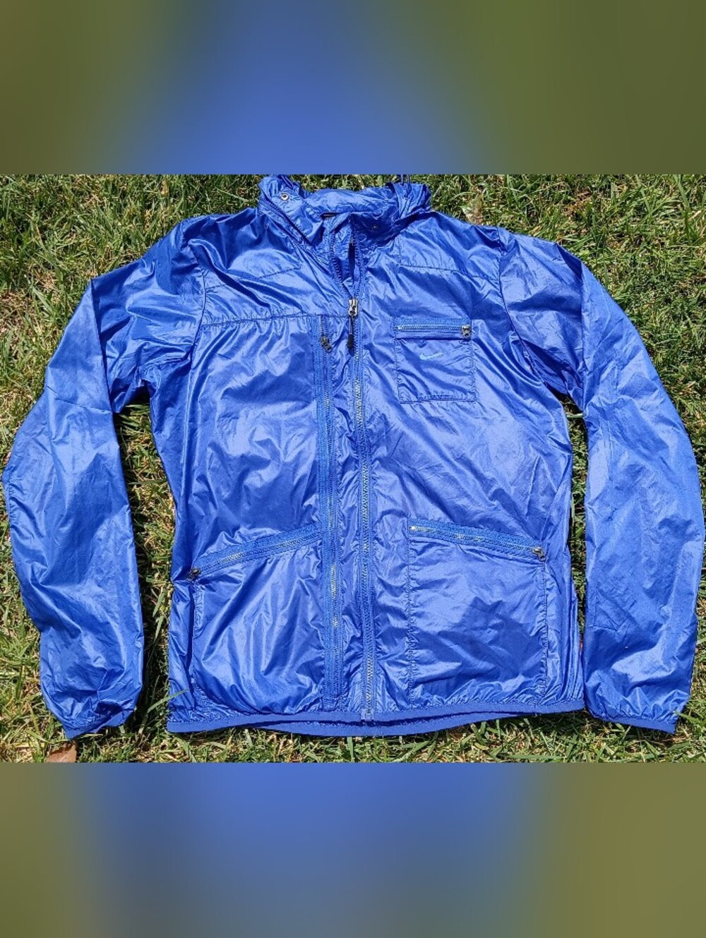 Nike Packable Hooded Windbreaker Jacket Blue Ripstop Full Zip Rain Jacket XL
